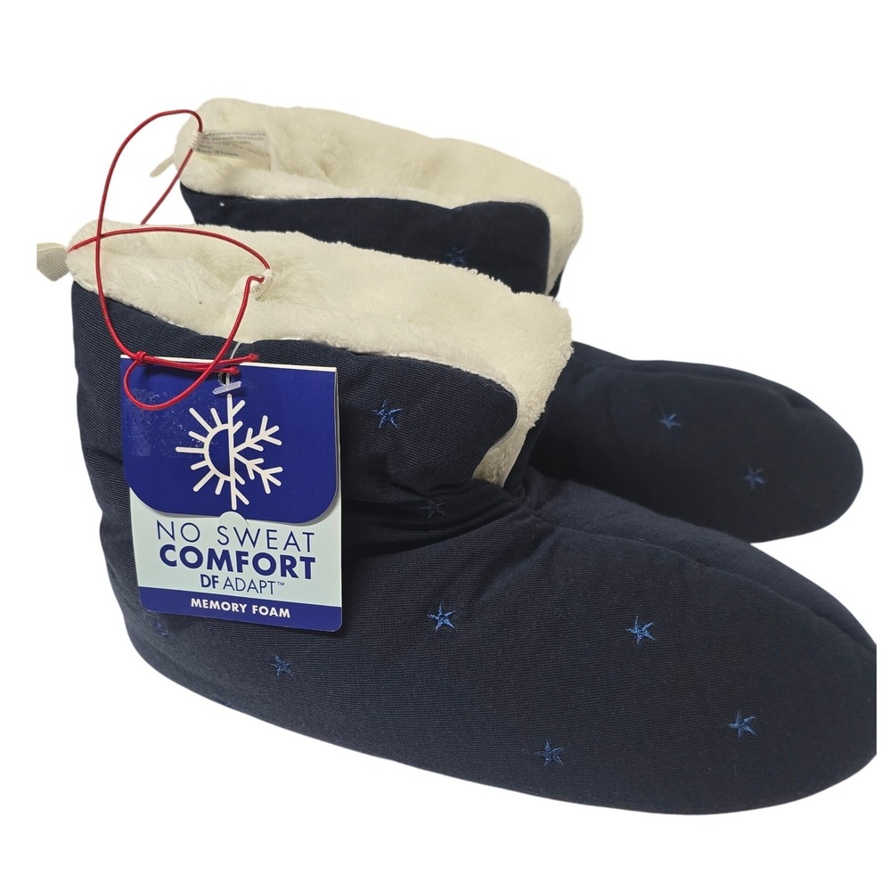 Dearfoams Womens Navy Blue Star Memory Foam Bootie Slippers Medium 7-8 NWT